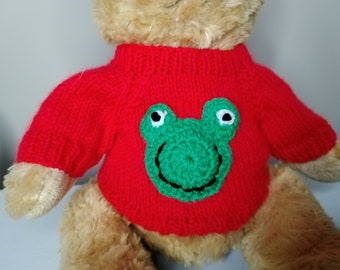 Teddy Bear Sweater - Hand knitted -  Red with Frog motif - fits 10 - 12 inch Bear