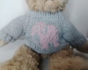 Teddy Bear Sweater - Hand knitted - Pale Grey with Pink Elephant - fits 8 - 9 inch bear