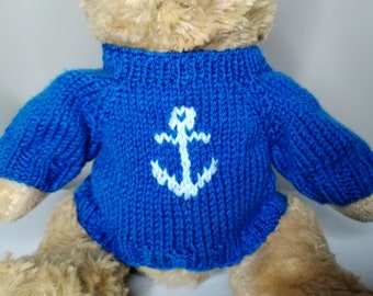 Teddy Bear Sweater - Hand knitted - Royal Blue Anchor design - fits 10 - 12 inch Bear