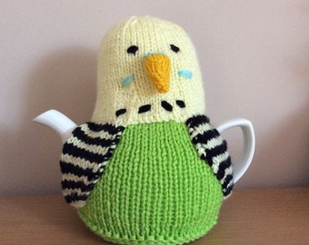 Hand Knitted Tea Cosy - Green And Yellow Budgie - fits 6 cup teapot