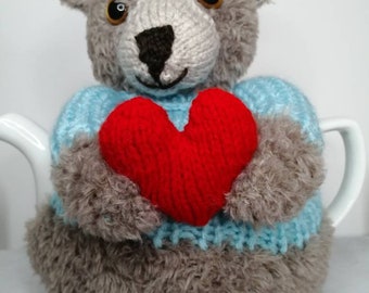 Hand Knitted Tea Cosy - Teddy Bear holding a Heart - fits 6 cup teapot