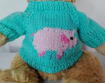 Teddy Bear Sweater - Hand knitted - Spearmint with Pig motif - fits 10 - 12 inch Bear