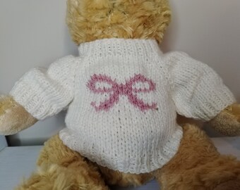 Teddy Bear Sweater - Hand knitted - Cream with Ribbon motif - fits 10 - 12 inch Bear