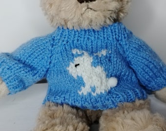 Teddy Bear Sweater - Hand knitted -  Blue Rabbit - fits 8 - 9 inch bear