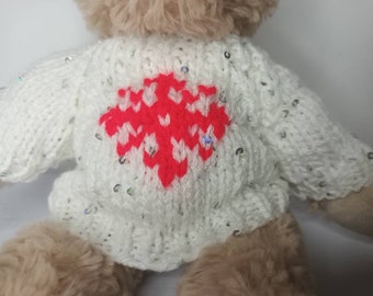 Teddy Bear Jumper - Hand knitted - White with Red Snowflake motif - fits 8 - 9 inch bear