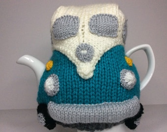 Hand Knitted Tea Cosy - Turquoise Vintage VW Camper Van - fits 6 cup teapot