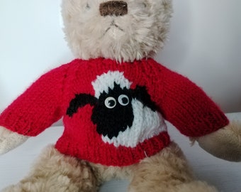 Teddy Bear Jumper - Hand Knitted - Red with Sheep motif - fits 8 - 9 inch bear