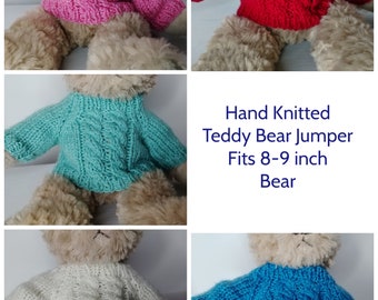 Teddy Bear Jumper - Hand knitted - Cable pattern - Choice of 5 Colours - fits 8 - 9 inch bear