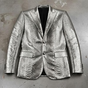 Men's Handmade Metallic Silver Snakeskin Leather Blazer | Python Texture Luxury Slim Fit Formal Party & Wedding Statement Coat