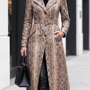 Women's Snake Print Trench Coat, Hooded Leather Long Coat | Belted Snakeskin Overcoat | Gothic Halloween Costume Statement Outerwear