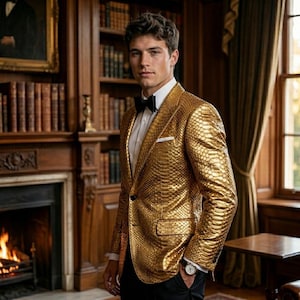 Pode incluir: Um blazer dourado metálico com um padrão texturizado de pele de cobra, apresentando lapela entalhada, fecho de um botão e um lenço de bolso branco. A peça é usada sobre uma camisa branca impecável com gravata borboleta preta e um relógio.