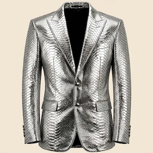 Men's Handmade Metallic Silver Snakeskin Leather Blazer | Python Texture Luxury Slim Fit Formal Party & Wedding Statement Coat