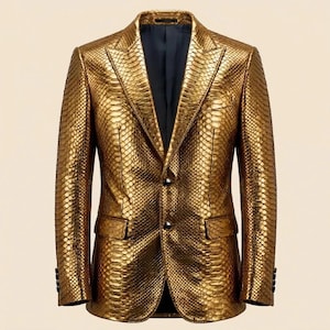 Men's Handmade Gold Snakeskin Leather Blazer | Metallic Python Texture Slim Fit Party Dinner Jacket