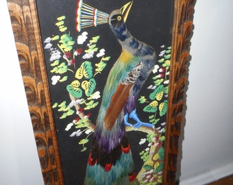Bird Feather Painting Sealed Vintage 1960s Feathered Bird Postcard Sanborns Department Store Made in Mexico Folk Art Handmade Greeting Card