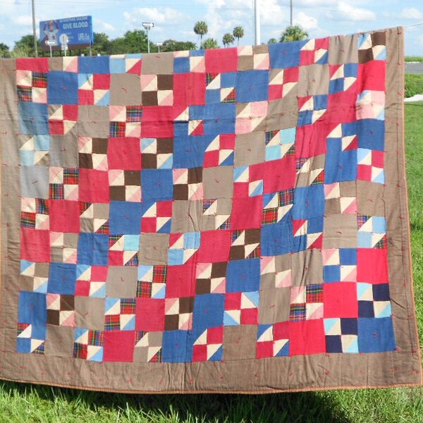 Vintage Quilt, Wool Quilt, 4 Patch, Flying Geese ,Red and Blue Quilt,Vintage Linens