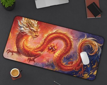 Himmlischer Drache Schreibtischunterlage | Golden & Crimson Aquarell Gaming Pad