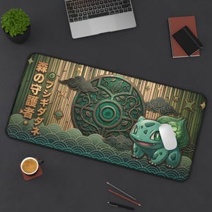 Playful Bulbasaur Forest Spirit Desk Mat | Cute Ukiyo-e Style Pokémon XL Mousepad | Nature Pokemon Desk Pad