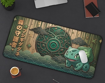 Verspielte Bisasam Waldgeist Schreibtischmatte | Niedliches XL Ukiyo-e Style Pokémon Mousepad | Nature Pokemon Schreibtischunterlage