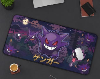 Verschmitzte Gengar Schatten Schreibtischmatte | Lustiges Ghost Gaming XL Mousepad | Gruselige Anime Prankster Krabbeldecke