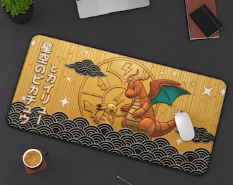Pikachu Dragonit XL Schreibtischmatte | Japanische Pokemon Tcg Spielmatte | Rutschfeste Anime Gaming Maus Pad