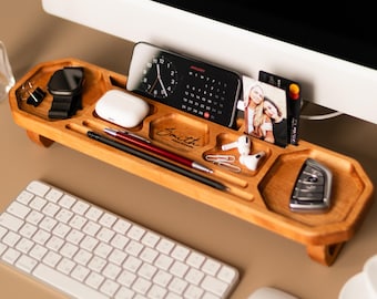 Custom Engraved Desk Organizer - Office Desk Accessories - Wooden Monogrammed Tray - Personalized Gift For Him - Christmas Gift For Father