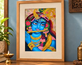 Lord Krishna Handcrafted Painting Framed, Krishna Playing Flute Wall Art, Vibrant Hindu God Canvas, Spiritual Home Decor