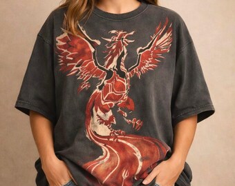 Oversized Phoenix Graphic Tee, Vintage Washed Streetwear Shirt
