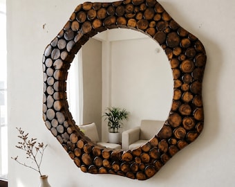 Handcrafted Wood Slice Wall Mirror, Rustic Natural Wood Mirror, Organic Wooden Frame Mirror, Boho Farmhouse Wall Decor