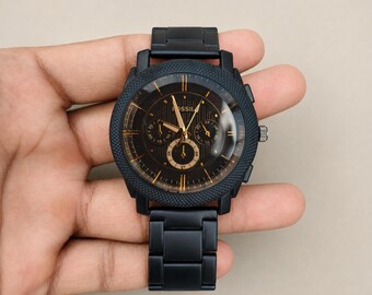 Vintage Black Stainless Steel Men's Watch,  Analog Wrist Watch, Minimalist Classic Timepiece, Gift for Him