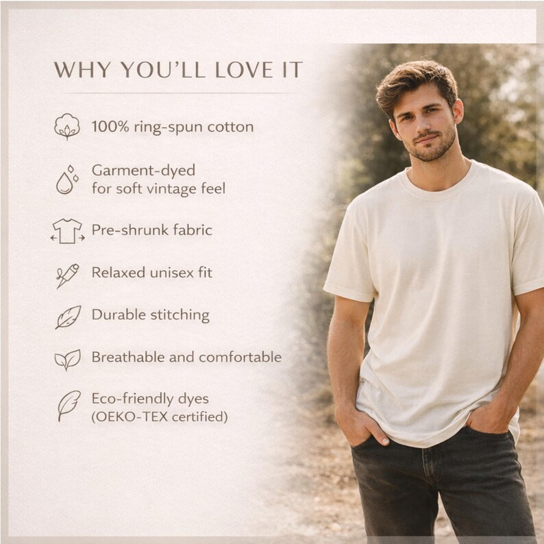 May include: A man wearing a cream-colored, short-sleeved t-shirt and dark jeans. The text "WHY YOU'LL LOVE IT" is at the top, with bullet points describing the shirt's features, including 100% ring-spun cotton and a relaxed unisex fit.