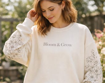 Sage Green Oversized Sweatshirt, Botanical Wildflower Pullover, Cottagecore Crewneck, Minimalist Nature Shirt Gift