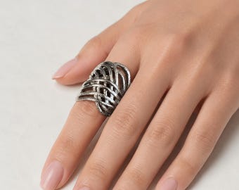 Silver Statement Wedding Ring, Modern Openwork Ring, Sculptural Band, Minimalist Bridal Jewelry, Gift for Her