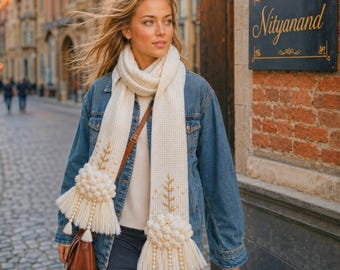 Handmade Cream Crochet Scarf, Boho Pearl Winter Muffler, Floral Tassel Neck Warmer, Unique Knit Accessory, Wedding Gift for Her