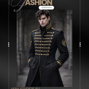 Men’s Black Military Coat – Gothic Hussar Jacket with Gold Embroidery.
