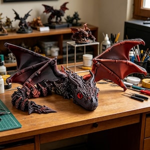 May include: A detailed, dark dragon sculpture with red eyes and wings, resting on a wooden surface. The dragon is black with red accents, and other dragon figurines are visible in the background.