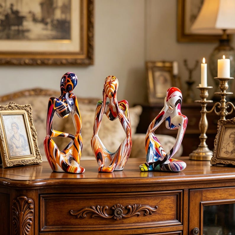 May include: Three abstract sculptures in a seated pose, with hands on the head. The sculptures are painted with vibrant colors including blue, orange, red, and white. They are displayed on a dark wooden cabinet.