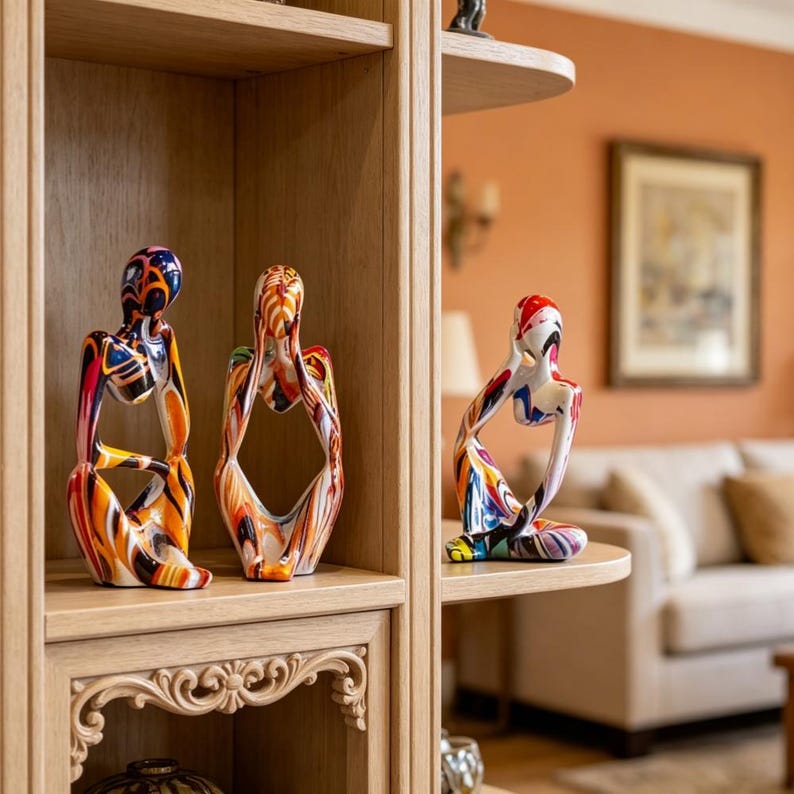 May include: Three abstract human figure sculptures with colorful patterns of blue, orange, red, and white. The sculptures are displayed on a wooden shelf, with a living room in the background. The figures are in a seated pose, with hands near their faces.
