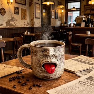 Op de afbeelding: Een keramische koffiemok met een gezichtsontwerp, met een rode tong, gevuld met stomende donkere koffie. De mok staat op een houten tafel met verspreide koffiebonen en kranten. De achtergrond toont een café.