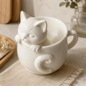 Pode incluir: Uma caneca de cerâmica branca com uma figura de gato em três dimensões que emerge da borda. O gato tem as patas dianteiras apoiadas na borda e uma cauda esculpida está integrada na lateral do corpo da caneca. A caneca tem acabamento liso.