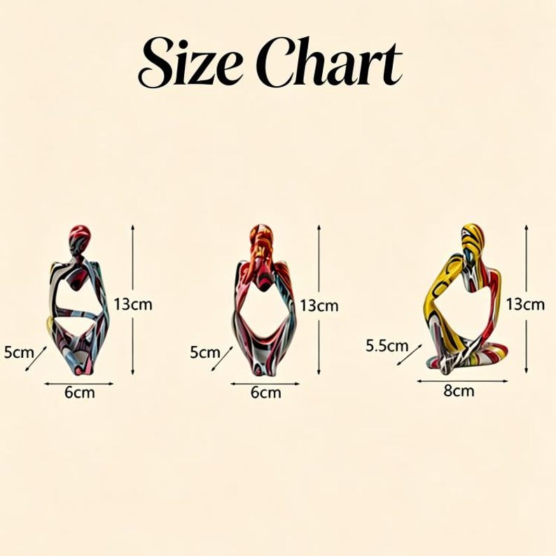 May include: Three abstract sculptures in a seated pose, each with a unique color scheme. The sculptures are 13cm tall, 6cm wide, and 5cm deep. The text "Size Chart" is at the top of the image.