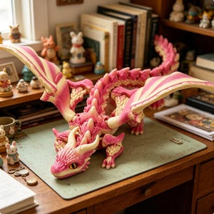 May include: A pink and cream dragon figurine with intricate detailing. The dragon is positioned on a green cutting mat, with other figurines and books visible in the background. The dragon's wings are spread, and it has yellow eyes. The figurine is a fantasy-themed item.