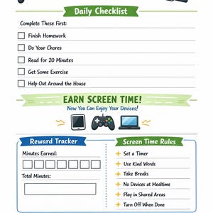 May include: A colorful chart titled "Screen Time Routine" with a daily checklist and reward tracker. The chart includes sections for completing tasks, earning screen time, and screen time rules. The text includes "Earn Screen Time by Completing Tasks!"