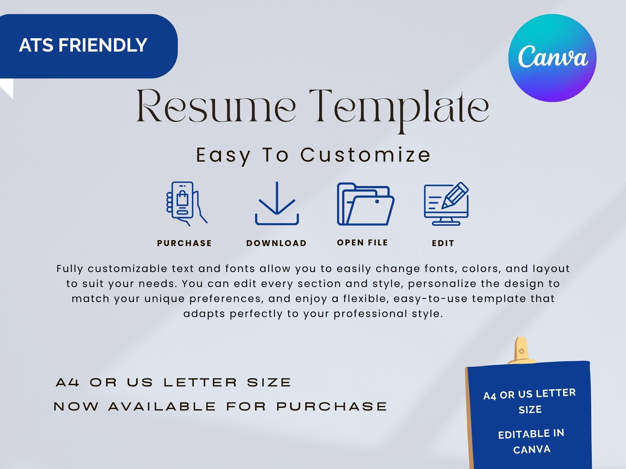 Modern ATS Friendly Resume Template | Editable Canva CV (A4/US Letter ...
