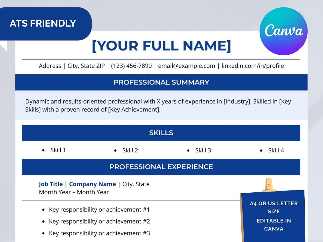 Modern ATS Friendly Resume Template | Editable Canva CV (A4/US Letter ...