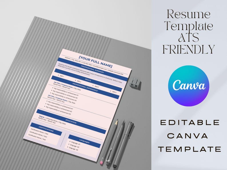Modern ATS Friendly Resume Template | Editable Canva CV (A4/US Letter ...