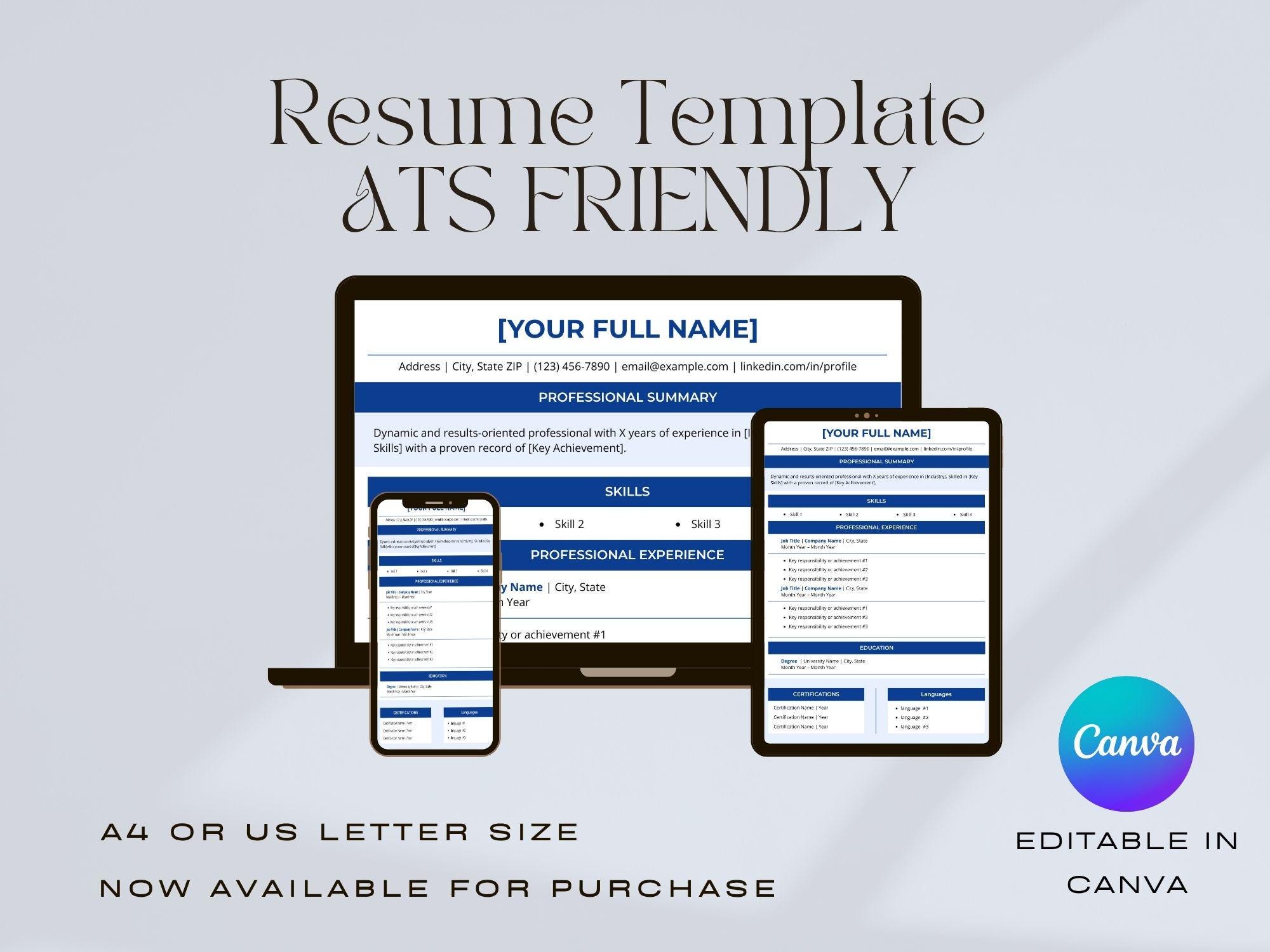 Modern ATS Friendly Resume Template | Editable Canva CV (A4/US Letter ...