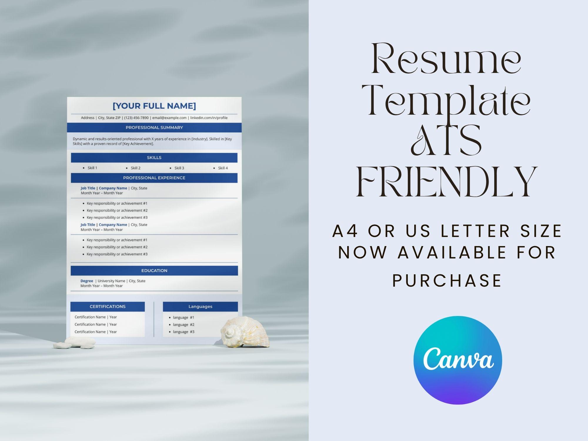 Modern ATS Friendly Resume Template | Editable Canva CV (A4/US Letter ...