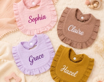 Custom Name Baby Bib Personalized Ruffle Embroidered Drool Bib Infant Girl Boy Feeding Accessory Shower Gift Soft Minimal Style Bib