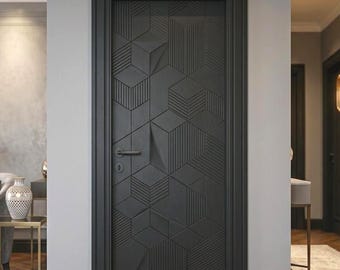 Modern Black 3D CNC Door | Geometric HDHMR Interior Door | Custom Luxury Flush Door | Contemporary Designer Architectural Door