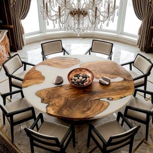 Round White Epoxy River Table, Custom Circular Dining Table, Live Edge Olive Wood Table, White Resin Kitchen Table, Handmade Round Table